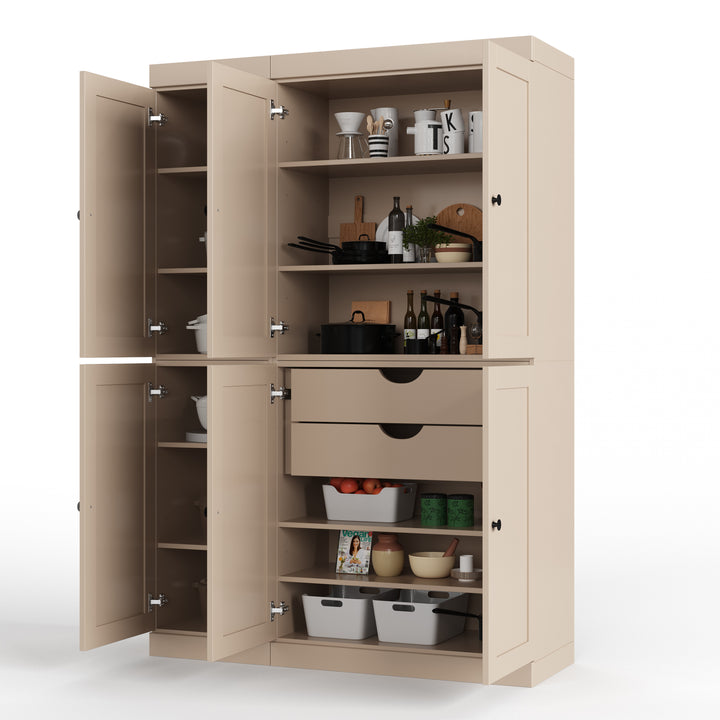 100% Solid Wood 48.5" Pantry Cabinet, Shaker Wood Doors, 2-Drawers