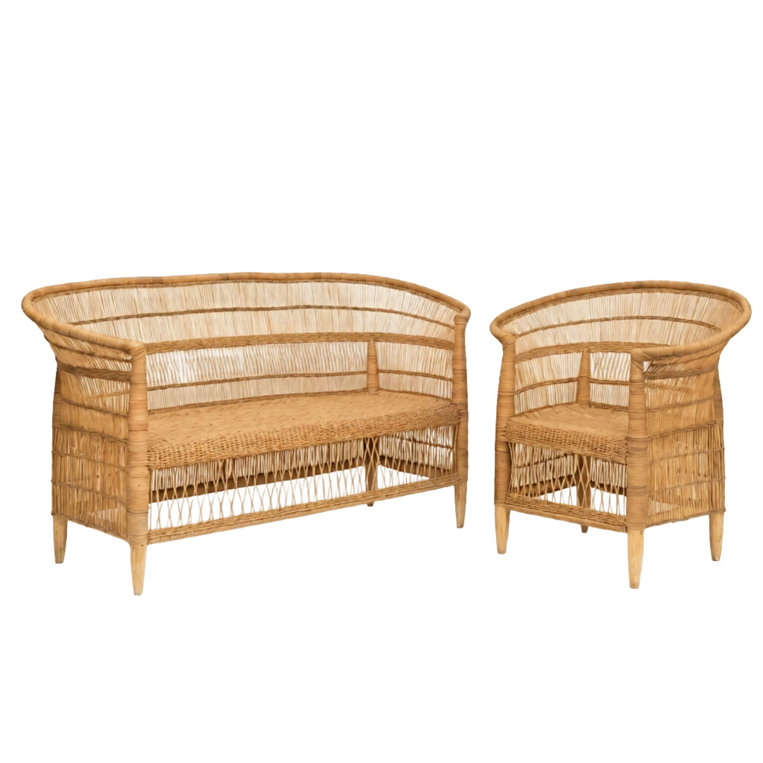 100% Handwoven Natural Rattan 2-Piece Indoor Seating Set with Chair and 3-Seater Settee, Solid Wood Frame, Boho Farmhouse, Authentic African Craftsmanship