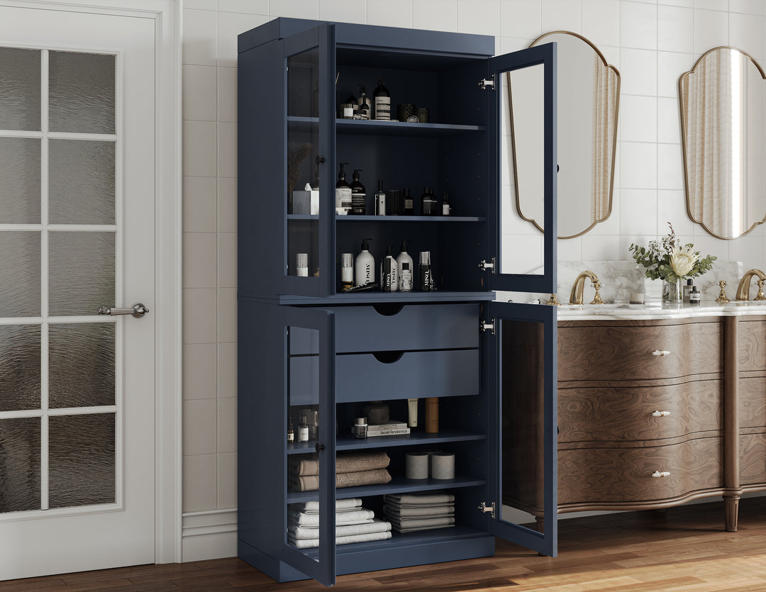 100% Solid Brazilian Pine Wood Bathroom Storage Cabinet, Clear Glass Doors, 2 Drawers, Adjustable Shelves, 32" Wide, 71.5" Tall