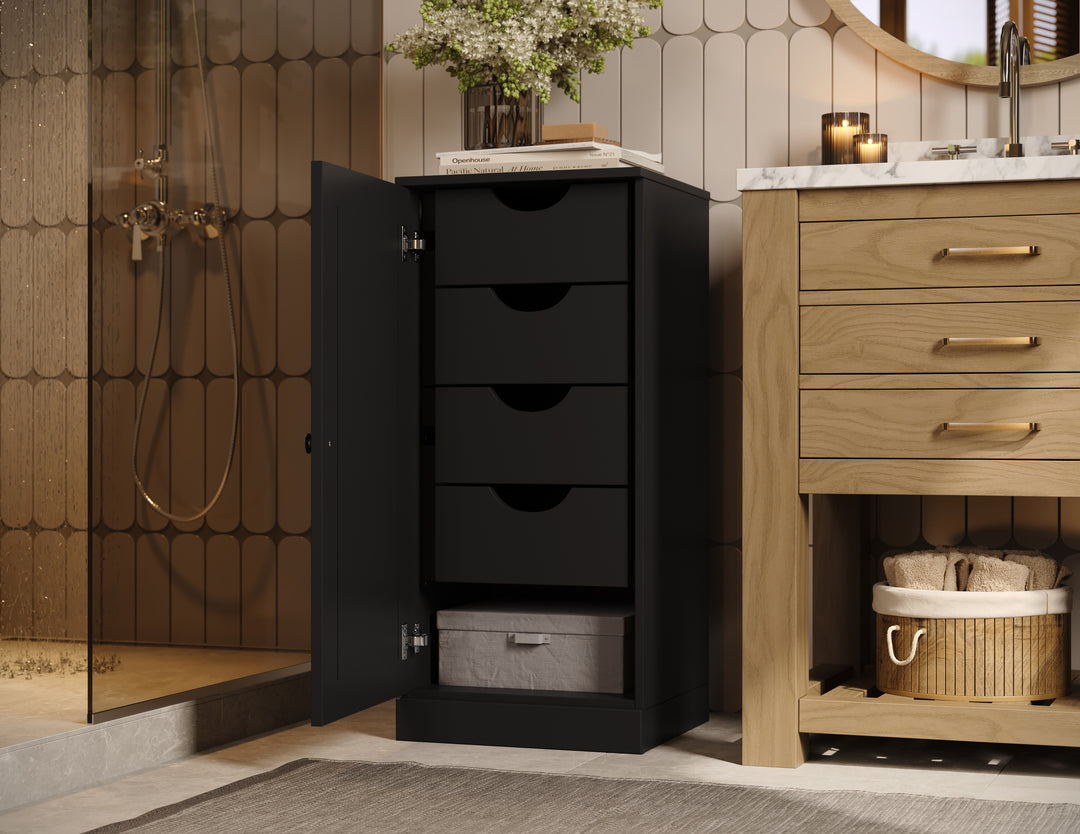 100% Solid Wood Bathroom Storage Cabinet, Raised Panel Door, 4 Drawers, Adjustable Shelves, 16.5" Wide, 35.75" Tall