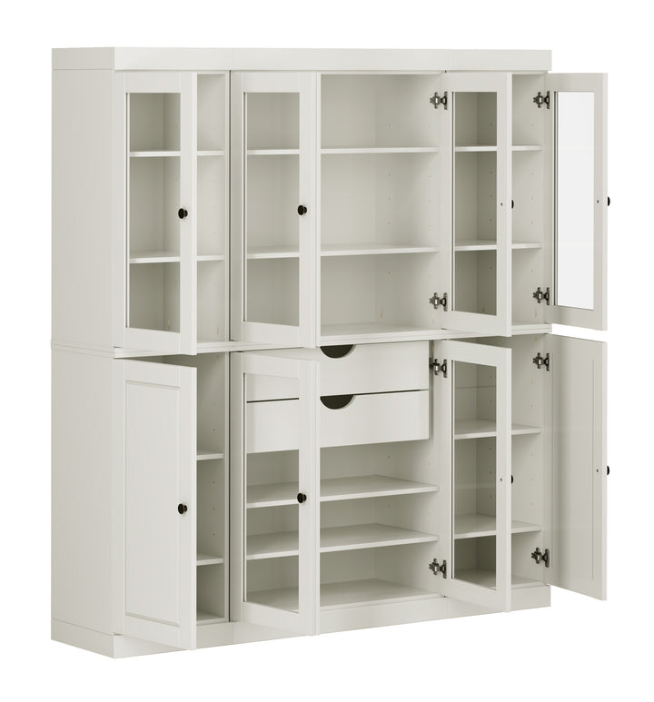 100% Solid Wood Kitchen Pantry Cabinet, Tall Freestanding Modular Storage with Glass Doors & 2 Drawers, Adjustable Shelves, 65" W x 71.5" H