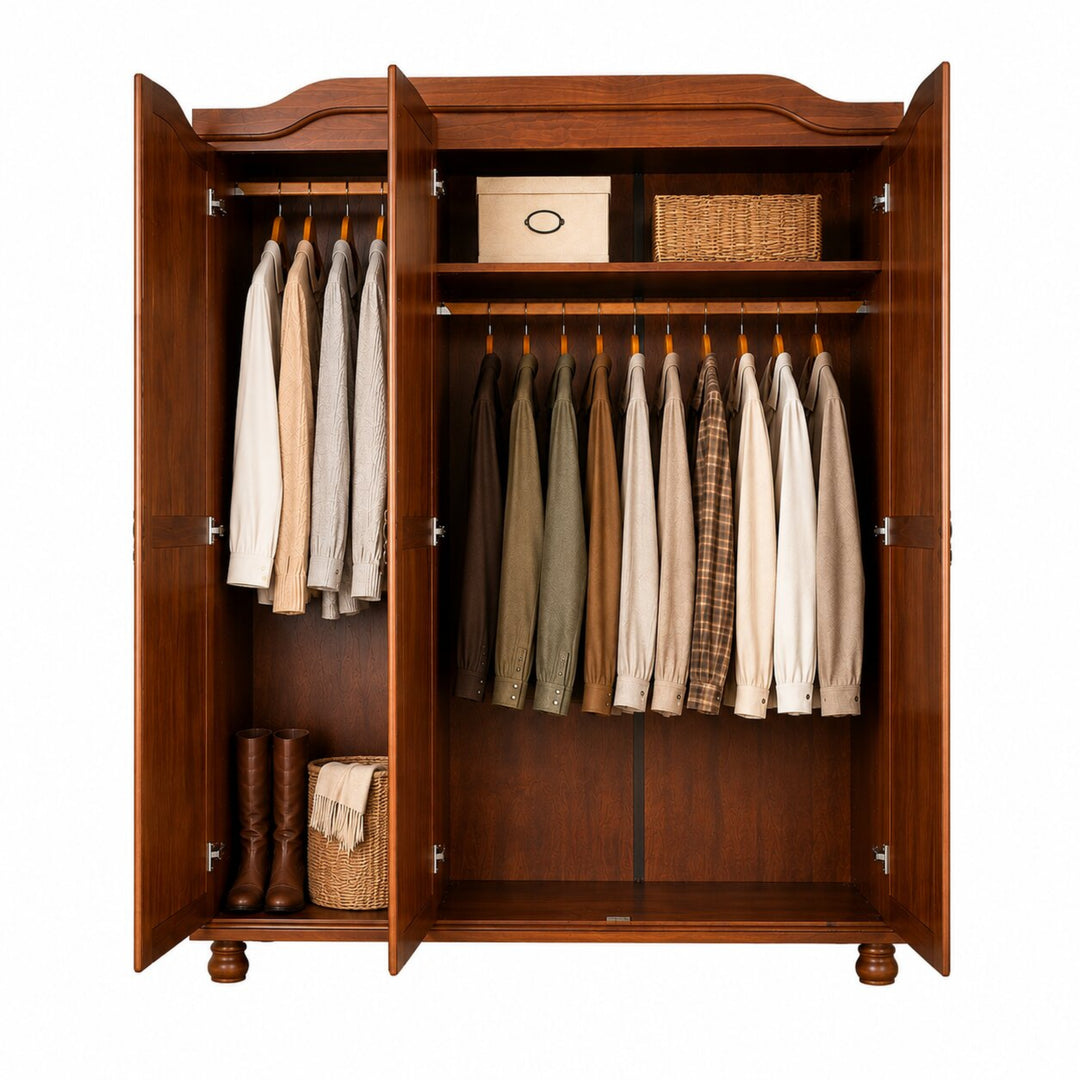 100% Solid Wood 3-Door Wardrobe Armoire with Mirrored Doors, Bedroom Closet Storage - Kyle Collection