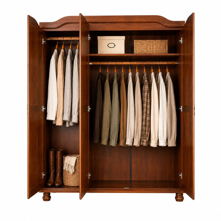 100% Solid Wood 3-Door Wardrobe Armoire with Mirrored Doors, Bedroom Closet Storage - Kyle Collection