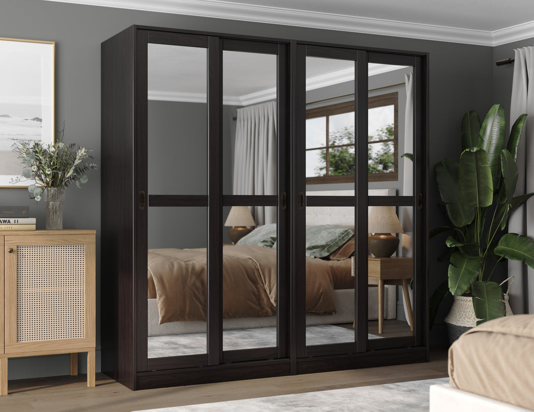 100% Solid Brazilian Pine Wood 4-Sliding Wardrobe with Mirrored Doors
