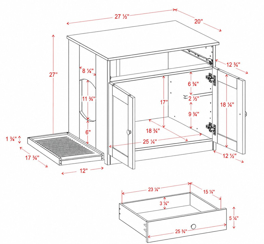 100% Solid Wood Ziva 2-Door Cat Litter Box Enclosure with Litter Catch