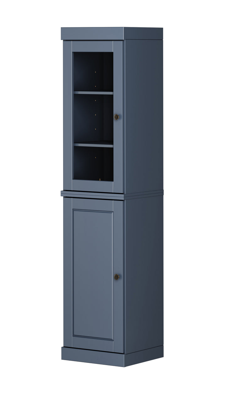 100% Solid Brazilian Pine Wood Pantry Cabinet, Raised Panel & Clear Glass Doors, Adjustable Shelves, 16.5" Wide, 71.5" Tall