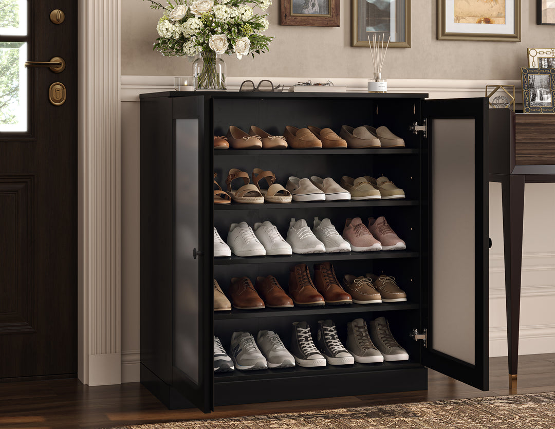 100% Solid Wood Frosted Glass Door Shoe Storage Cabinet with Adjustable Shelves, Space Saving Stackable Entryway Organizer, 32" W x 35.75" H
