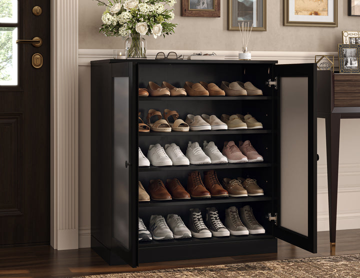 100% Solid Wood Frosted Glass Door Shoe Storage Cabinet with Adjustable Shelves, Space Saving Stackable Entryway Organizer, 32" W x 35.75" H