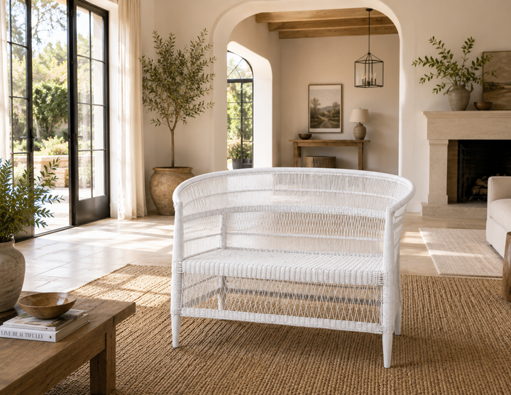 100% Solid Wood Frame Handwoven Natural Rattan Indoor Loveseat, Boho Farmhouse Accent Seating - Authentic African Craftsmanship