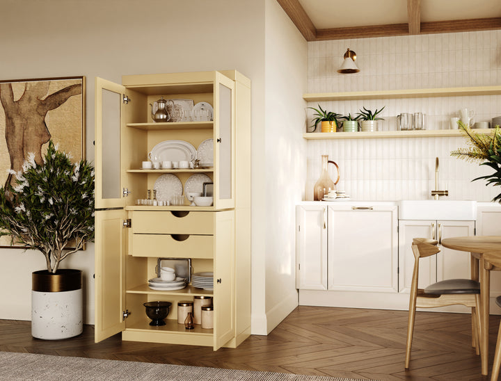 100% Solid Wood 32" Pantry Cabinet, 2 Frosted Glass, 2 Shaker Wood Doors, 2-Drawers