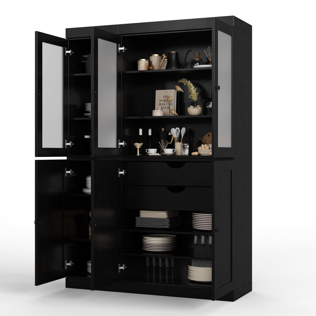 100% Solid Brazilian Pine Wood 48.5" Pantry Cabinet with Frosted Glass, Shaker Doors, 2-Drawers and Adjustable Shelves