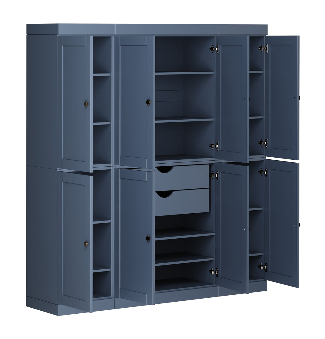 100% Solid Wood 65" Pantry Cabinet, 8 Shaker Wood Doors, 2 Drawers