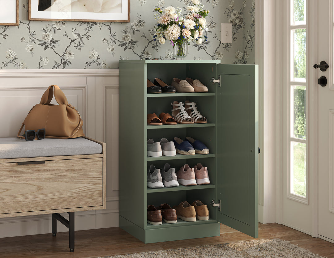 100% Solid Wood Narrow Shoe Storage Cabinet with Raised Panel Door, Adjustable Shelves, Space Saving Stackable Organizer, 16.5" W x 35.75" H