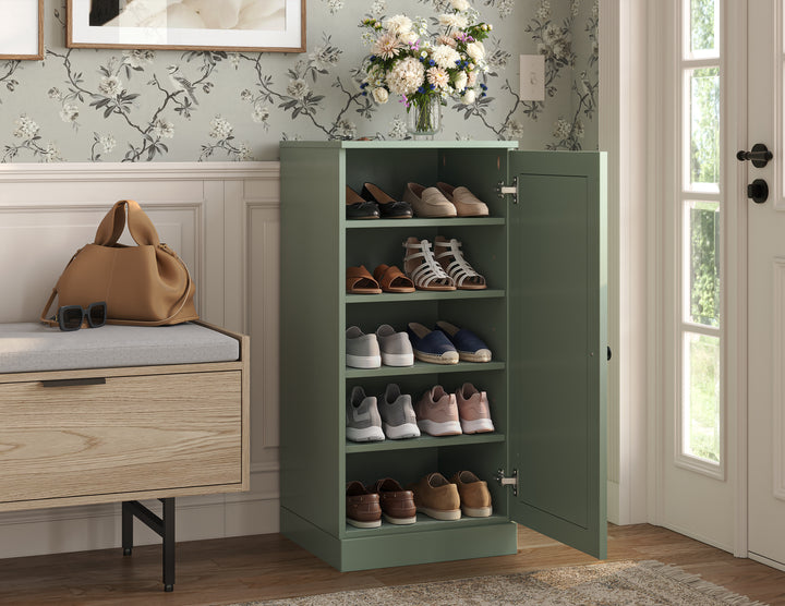 100% Solid Wood Narrow Shoe Storage Cabinet with Raised Panel Door, Adjustable Shelves, Space Saving Stackable Organizer, 16.5" W x 35.75" H