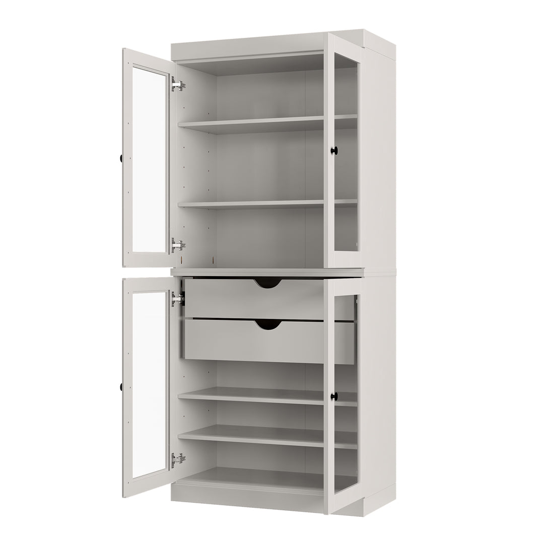100% Solid Wood Tall Freestanding Modular Bathroom Linen Storage Cabinet with Glass Doors, 2 Drawers, Adjustable Shelves, 32" W x 71.5" H