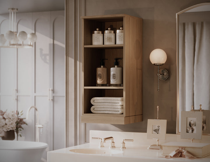 Premium 100% Solid European Oak Bathroom Wall Cabinet, Open Shelving, 16" W x 35.75" H