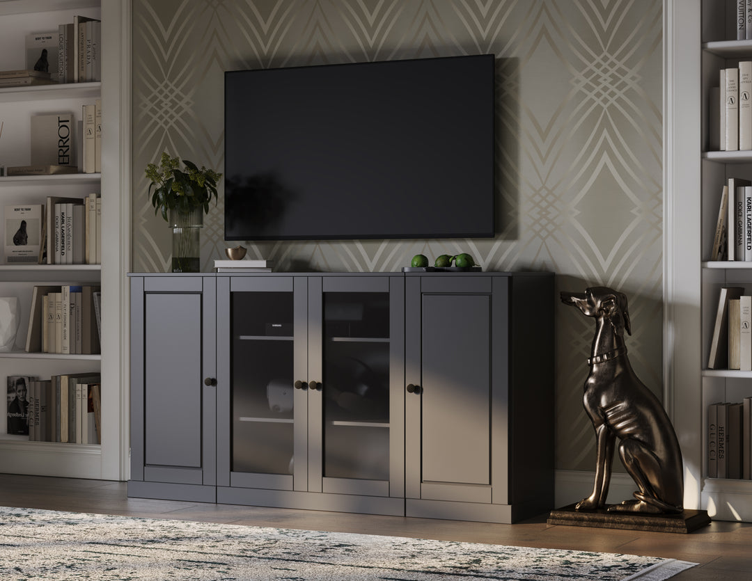 100% Solid Wood TV Stand for TVs up to 65" with Clear Glass, Raised Panel Doors, Adjustable Shelves