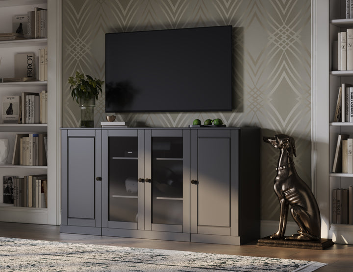 100% Solid Wood TV Stand for TVs up to 65" with Clear Glass, Raised Panel Doors, Adjustable Shelves