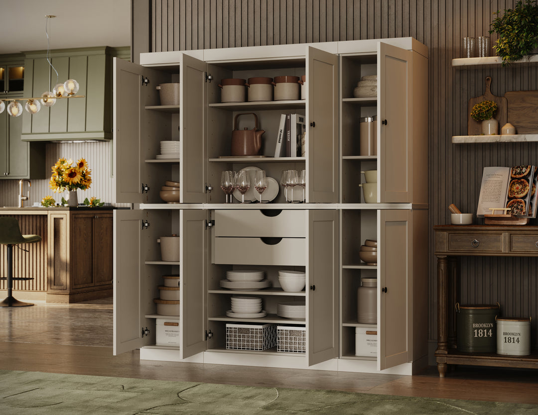 100% Solid Wood Kitchen Pantry Cabinet, Tall Freestanding Modular Storage with Shaker Doors & 2 Drawers, Adjustable Shelves, 65" W x 71.5" H