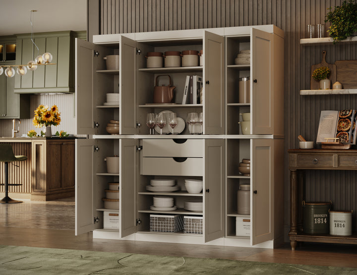 100% Solid Wood Kitchen Pantry Cabinet, Tall Freestanding Modular Storage with Shaker Doors & 2 Drawers, Adjustable Shelves, 65" W x 71.5" H