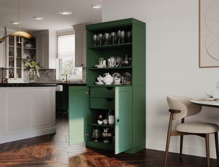 100% Solid Wood 32" Pantry Cabinet, 2 Shaker Wood Bottom Doors, 2 Drawers