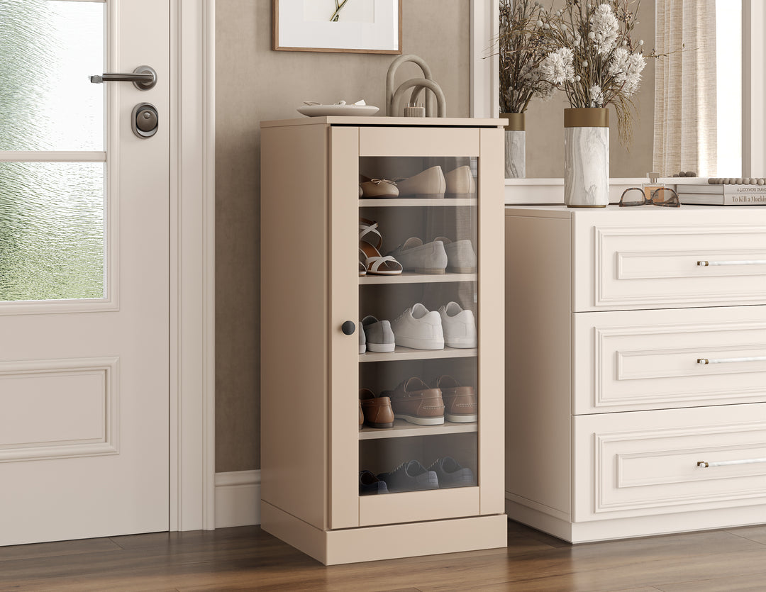 100% Solid Wood Narrow Glass Door Shoe Storage Cabinet with Adjustable Shelves, Space Saving Stackable Organizer, 16.5" W x 35.75" H