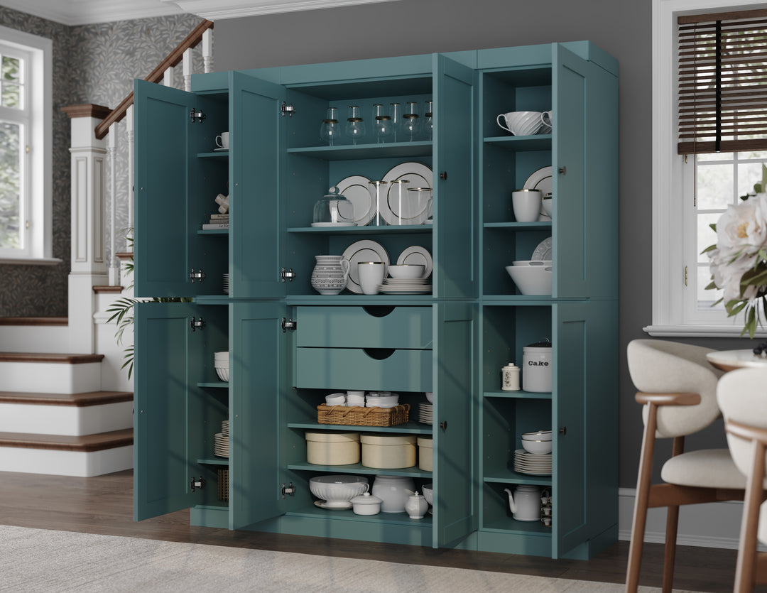 100% Solid Wood 65" Pantry Cabinet, 8 Shaker Wood Doors, 2 Drawers