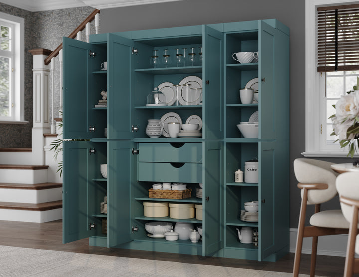 100% Solid Wood 65" Pantry Cabinet, 8 Shaker Wood Doors, 2 Drawers