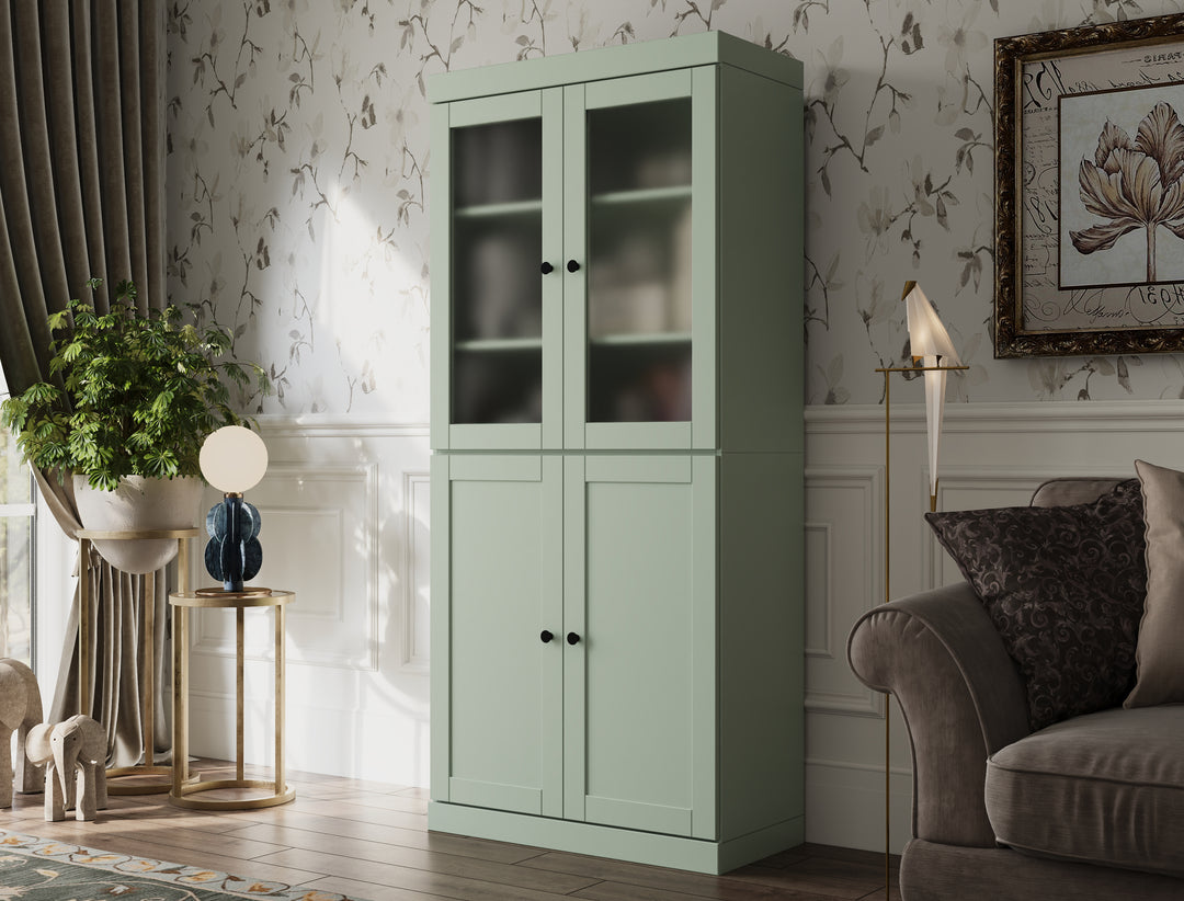 100% Solid Wood 6-Shelf 32" Bookcase, 2 Frosted Glass, 2 Shaker Wood Doors, Adjustable Shelves