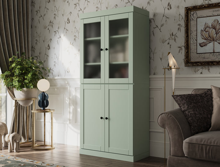 100% Solid Wood 6-Shelf 32" Bookcase, 2 Frosted Glass, 2 Shaker Wood Doors, Adjustable Shelves