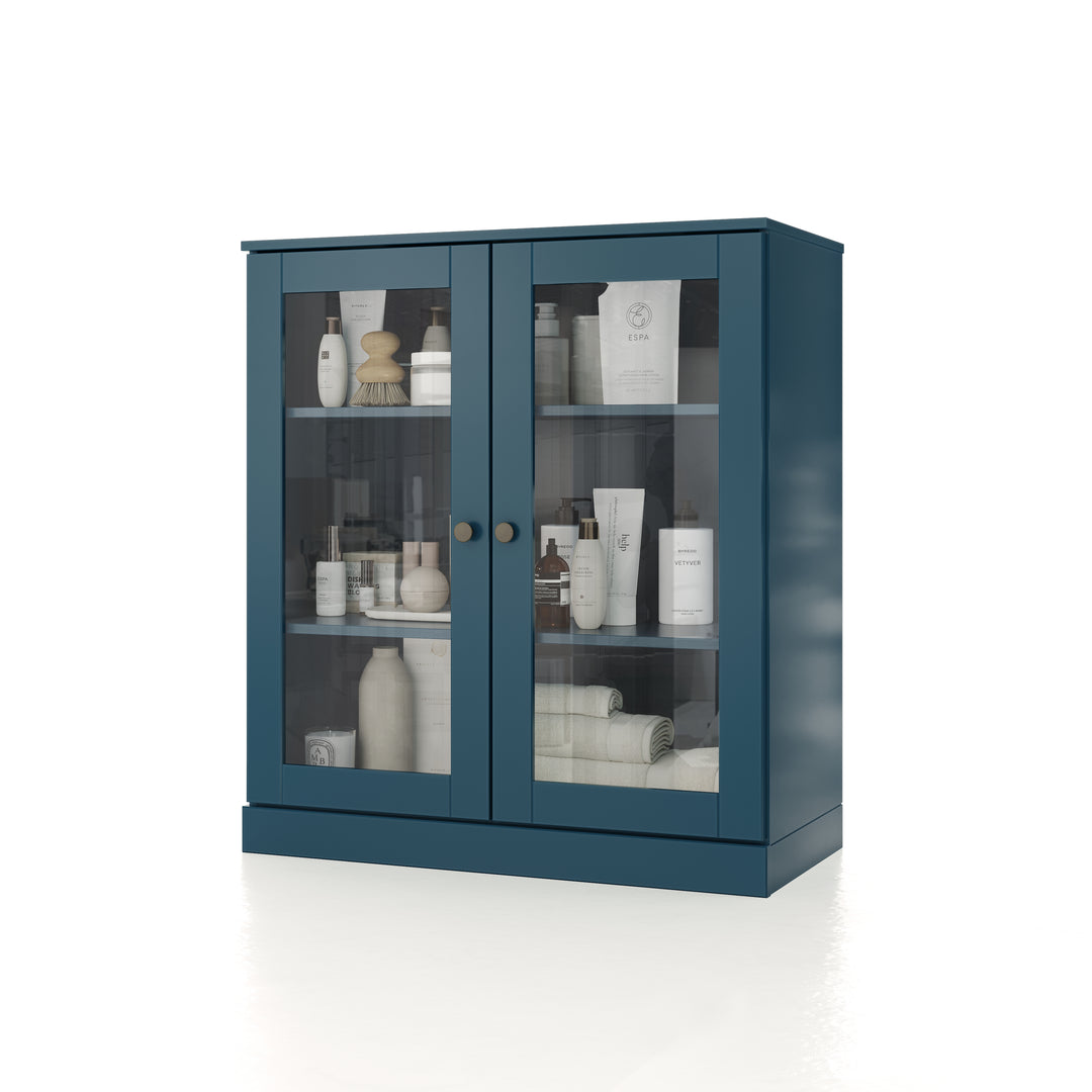 100% Solid Brazilian Pine Wood 32" Bathroom Storage Cabinet with Clear Glass Doors  and Adjustable Shelves