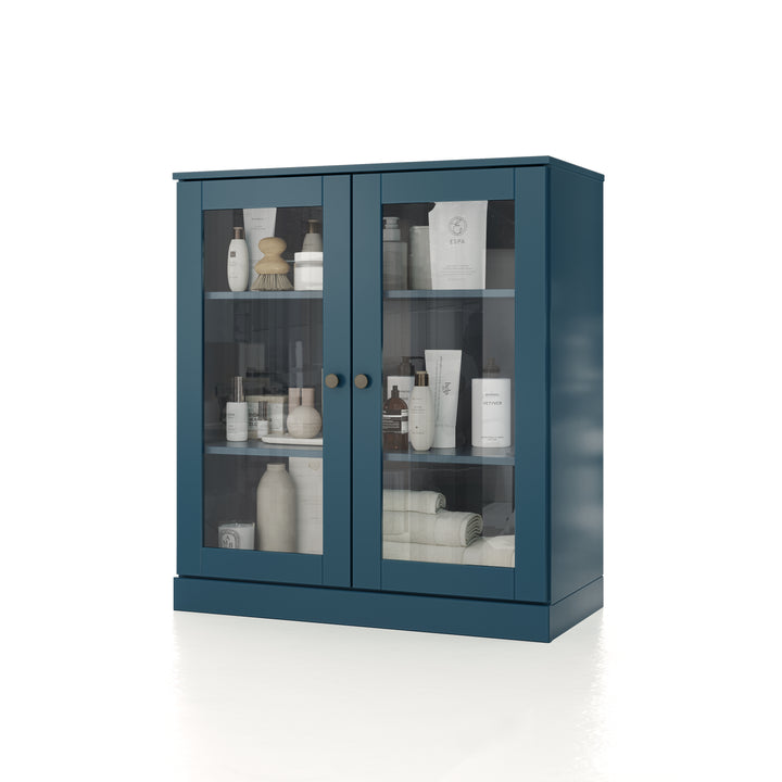 100% Solid Brazilian Pine Wood 32" Bathroom Storage Cabinet with Clear Glass Doors  and Adjustable Shelves
