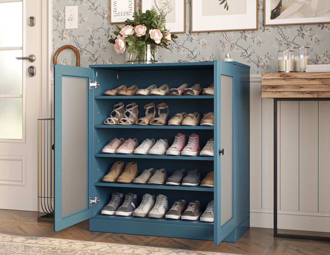 100% Solid Wood Frosted Glass Door Shoe Storage Cabinet with Adjustable Shelves, Space Saving Stackable Entryway Organizer, 32" W x 35.75" H