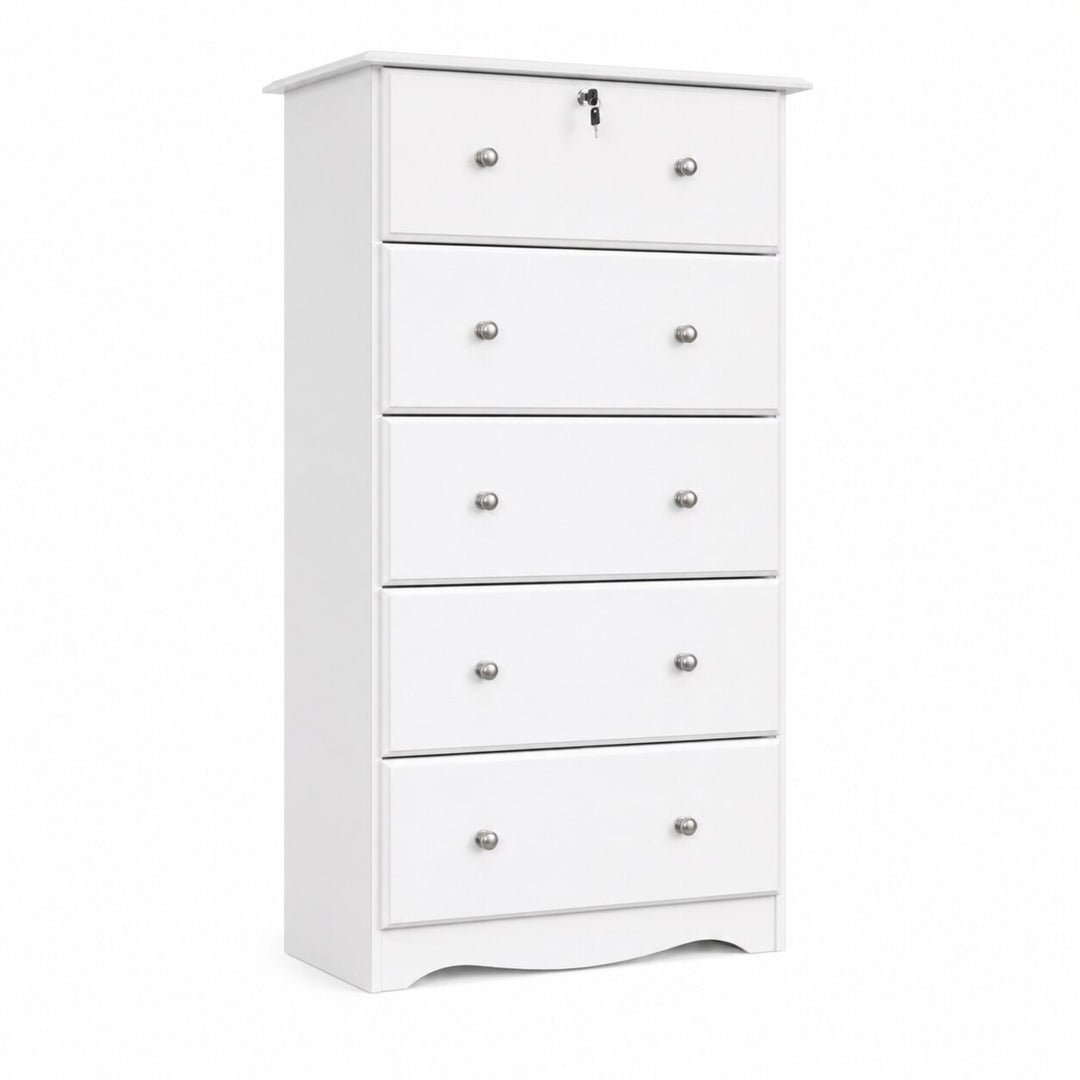 A tall white five-drawer chest of drawers with small round silver knobs and a lock on the top drawer, shown on a plain white background.