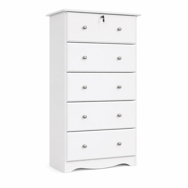 A tall white five-drawer chest of drawers with small round silver knobs and a lock on the top drawer, shown on a plain white background.