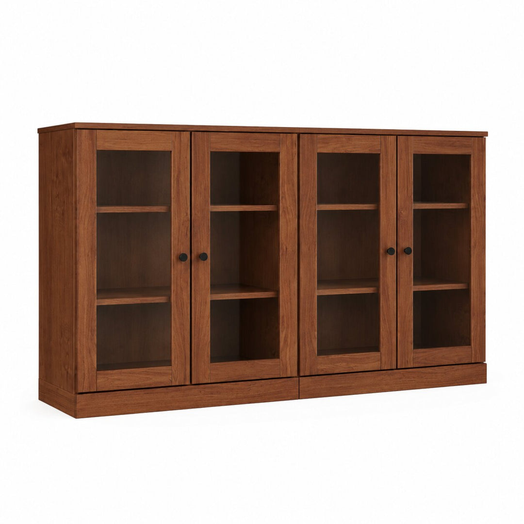 100% Solid Wood TV Stand, 64" Wide TV Console with Glass Doors & Storage