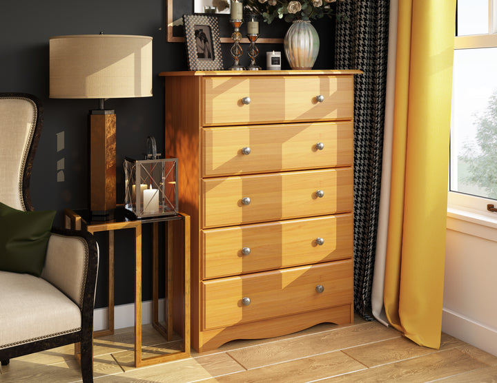 100% Solid Brazilian Pine Wood 5-Drawer Chest with Metal Knobs