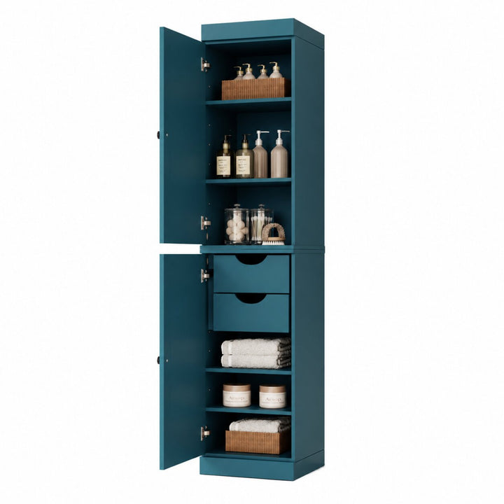 100% Solid Wood Bathroom Storage Cabinet, Shaker Doors, 2 Drawers, Adjustable Shelves, 16.5" Wide, 71.5" Tall