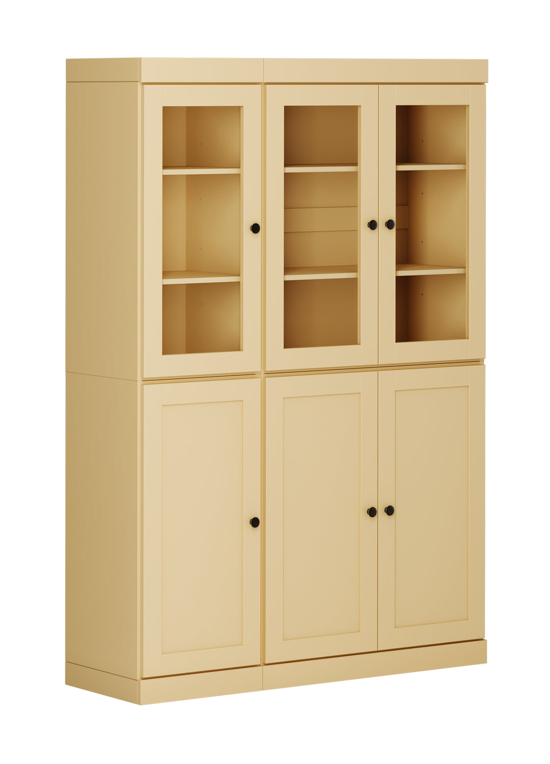 100% Solid Wood 48.5" Pantry China Cabinet, 3 Glass Doors, 3 Shaker Doors, 2-Drawers