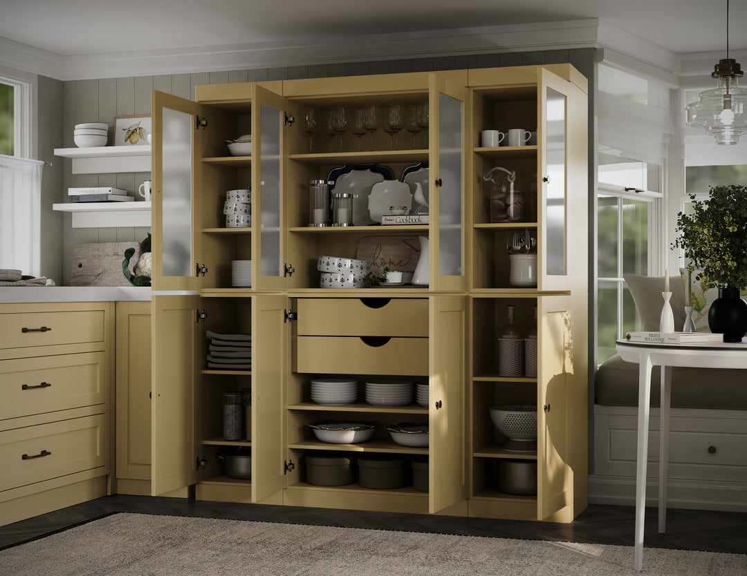 Yellow 65" Solid Wood Kitchen Pantry Cabinet with Frosted Glass & Shaker Doors & 2 Drawers