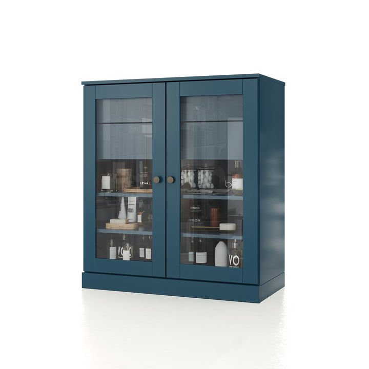 100% Solid Brazilian Pine Wood Bathroom Storage Cabinet, Clear Glass Doors, 2 Drawers, Adjustable Shelves, 32" Wide, 35.75" Tall
