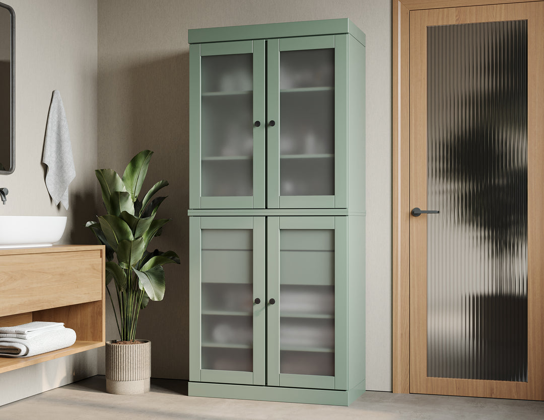 100% Solid Wood Tall Freestanding Modular Bathroom Linen Storage Cabinet with Frosted Glass Doors, 2 Drawers, Adjustable Shelves, 32" W x 71.5" H
