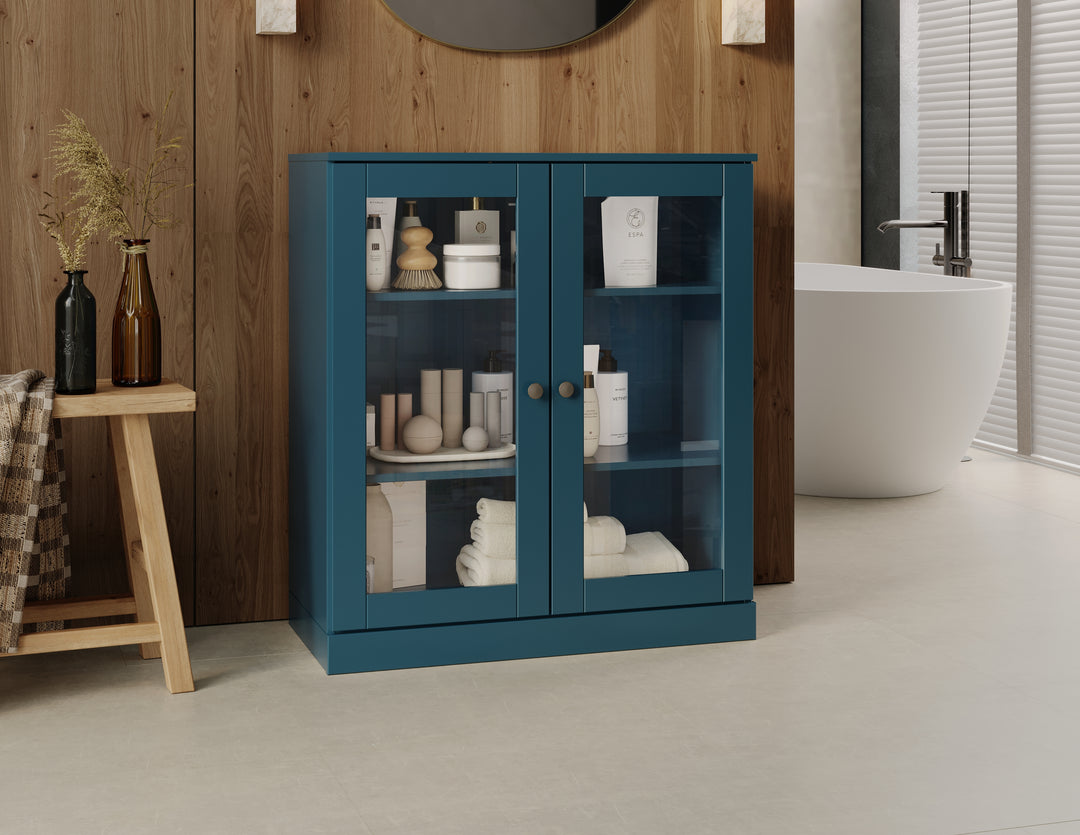 100% Solid Brazilian Pine Wood 32" Bathroom Storage Cabinet with Clear Glass Doors  and Adjustable Shelves