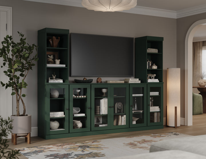 100% Solid Wood 7-Piece Entertainment Center Wall Unit with Storage, Open Cabinets & Glass Doors, Adjustable Shelves, 98" W x 71.5" H