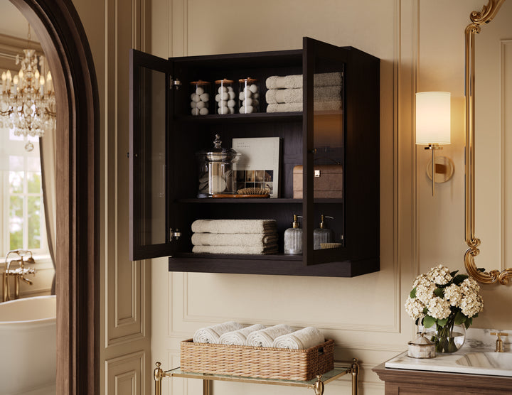Premium 100% Solid European Oak Bathroom Wall Cabinet with Tinted Glass Doors, 32" W x 35.75" H