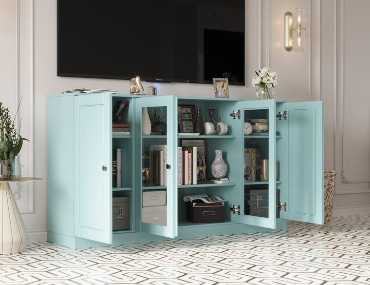 100% Solid Wood TV Stand for TVs up to 65" with Clear Glass, Raised Panel Doors, Adjustable Shelves