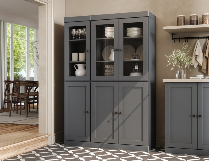 100% Solid Wood 48.5" Pantry China Cabinet, 3 Glass Doors, 3 Shaker Doors, 2-Drawers