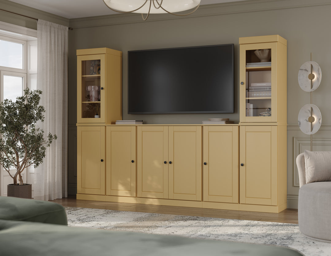 100% Solid Wood 7-Piece Entertainment Center Wall Unit with Storage, Glass & Raised Panel Doors, Adjustable Shelves, 98" W x 71.5" H