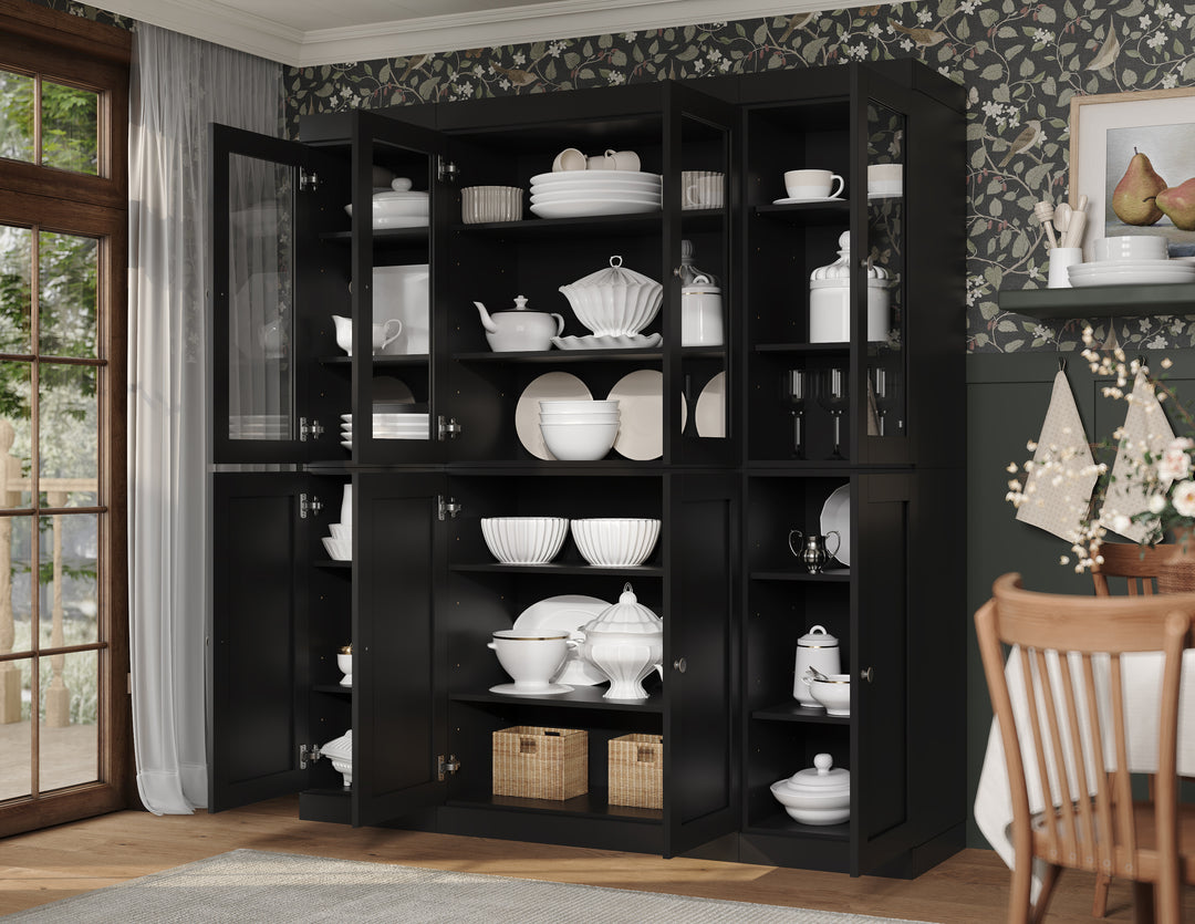 100% Solid Wood 65" China Pantry Cabinet, 4 Clear Glass, 4 Shaker Wood Doors