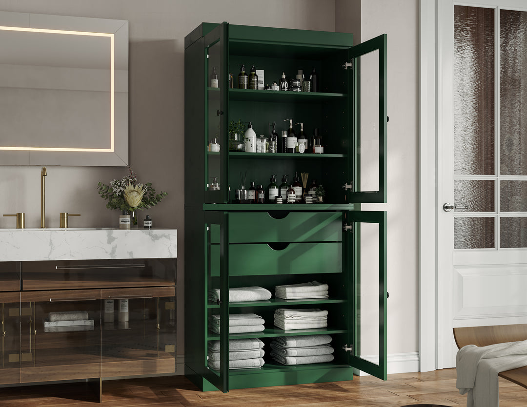 100% Solid Brazilian Pine Wood Bathroom Storage Cabinet, Clear Glass Doors, 2 Drawers, Adjustable Shelves, 32" Wide, 71.5" Tall